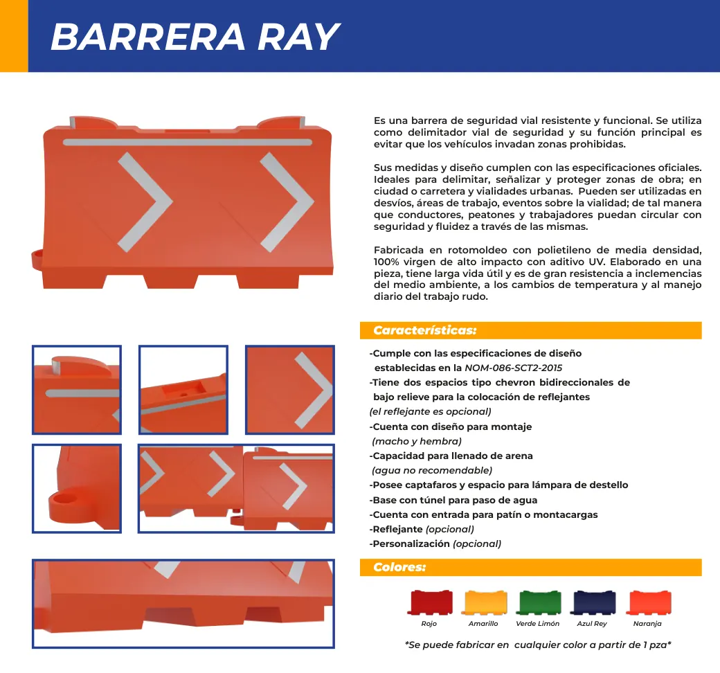 Primera página de la ficha técnica de la Barrera Ray, con el render naranja, sus características y los colores